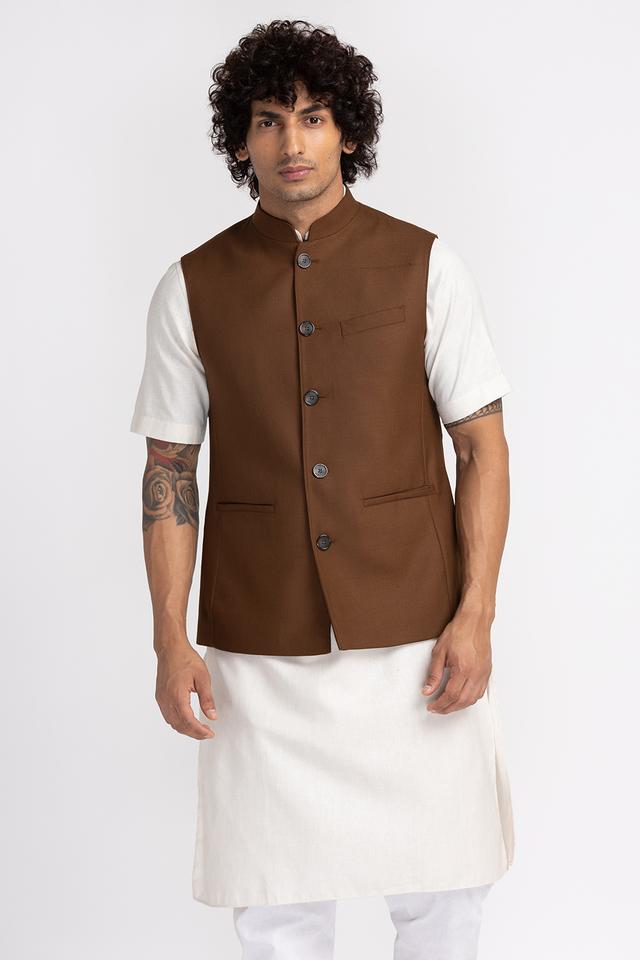 Shop Tisser Men Tan Brown Ghicha Silk Block print Mandarin Collar Regular  Fit Nehru Jacket for Men Online 39608969