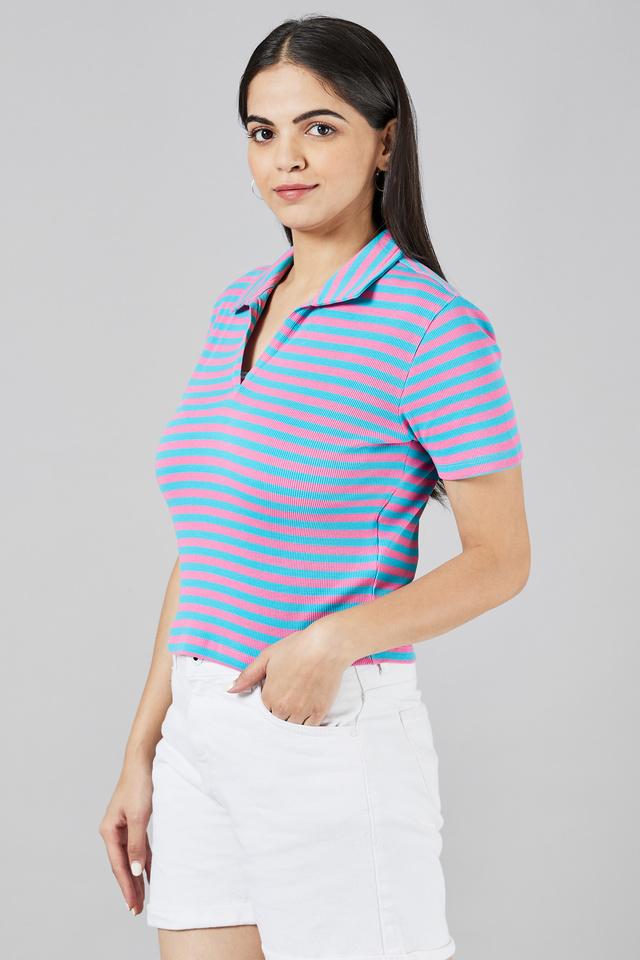 Buy LIFE Striped Cotton Blend Collar Neck Womens T-Shirt