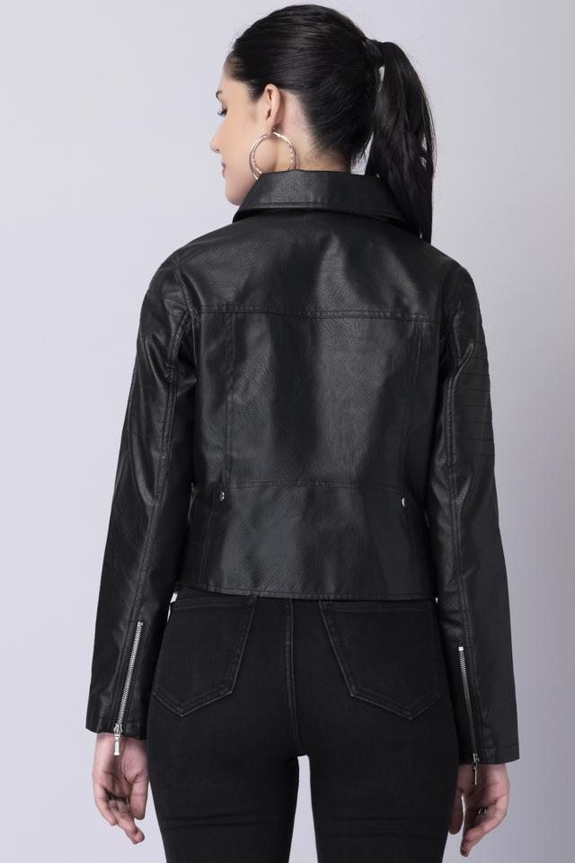 Buy FABALLEY Black Textured Faux Leather Regular Fit Women's Jacket