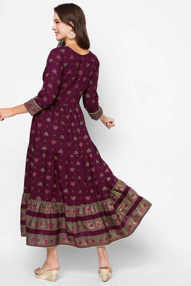 Maroon Floral Print Ethnic A-line Pure Cotton Midi Dress for Women, Indo  Western Dress, Indian Ethnic Dress for Women, Fusion Midi Dress -   Canada