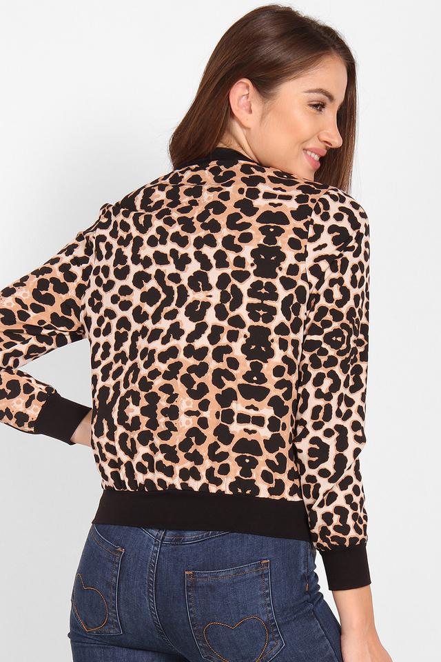 Womens Zip Through Neck Animal Print Bomber Jacket