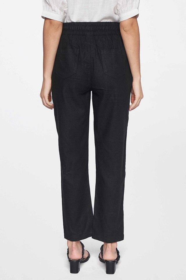 Buy AND Black Solid Straight Linen Women's Fusion Wear Trousers