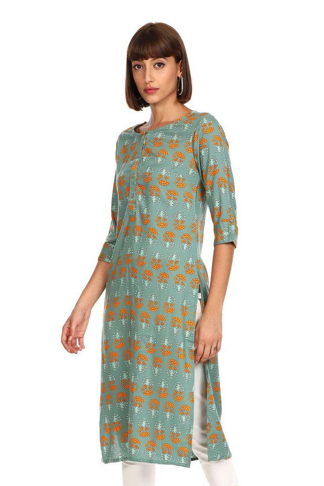 Buy KARIGARI Blue Printed Cotton Blend Round Neck Women s Kurta Shoppers Stop