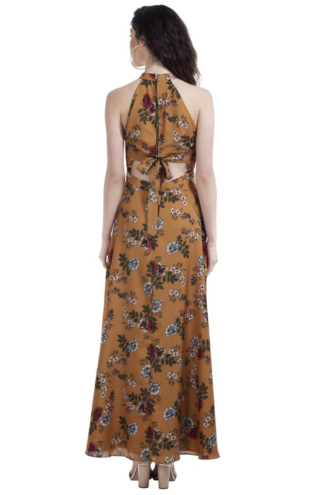 Buy FABALLEY Yellow Womens Mustard Floral Back Cut Halter Maxi Dress