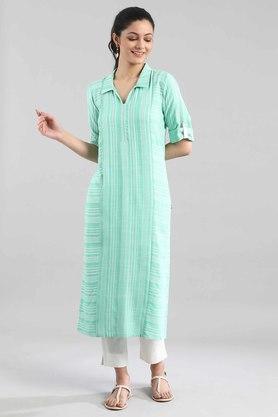 Buy AURELIA Green Yarn Dyed Shirt Collar Straight Womens Kurta