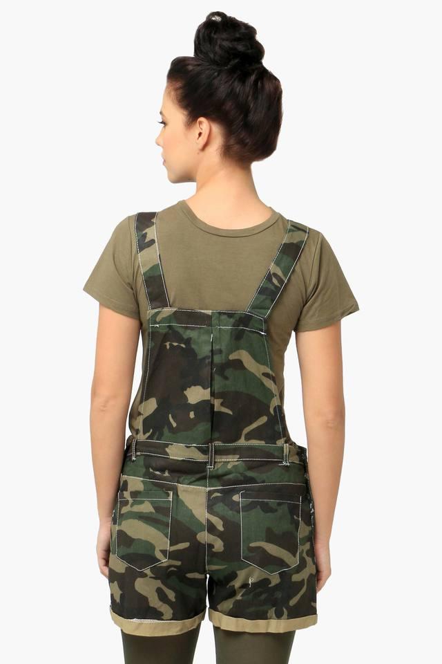 Khaki Camo Straight Fit Dungaree, Womens Dungarees