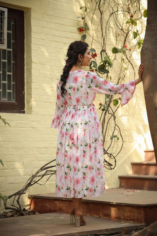 Buy SCAKHI Pink Floral Square Neck Georgette Women's Maxi Dress