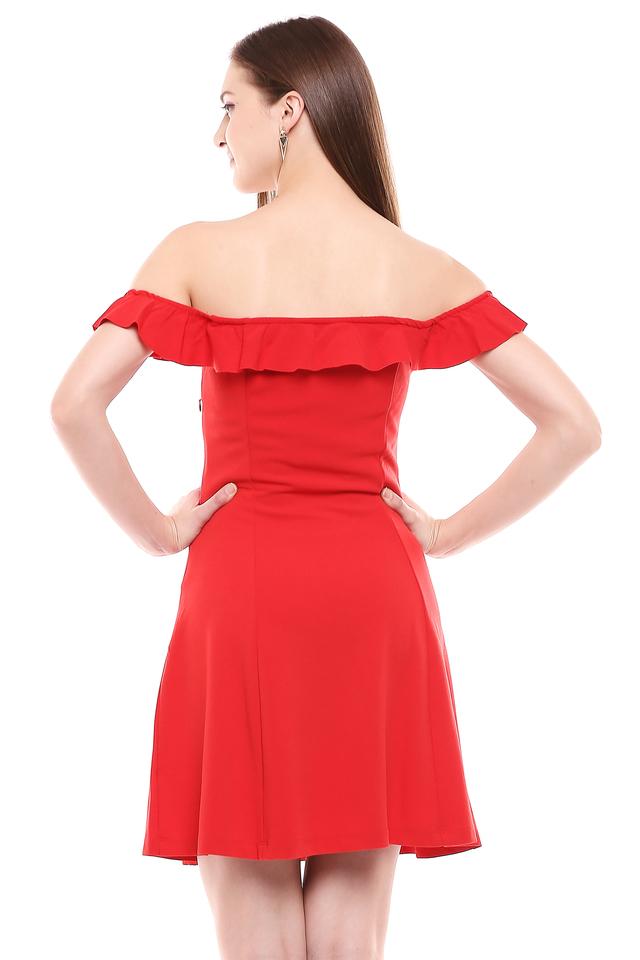 Femme Fatale Red Dress Off Shoulder Bodycon Midi Length Cocktail Dress –  Runway Goddess