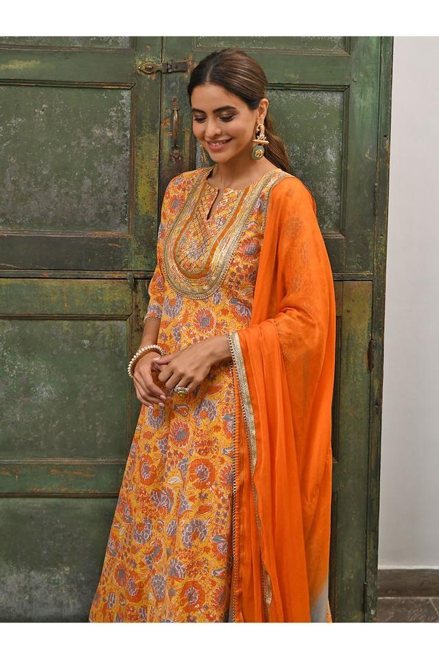 Buy JANASYA Orange Floral Round Neck Cotton Women's Salwar Suit