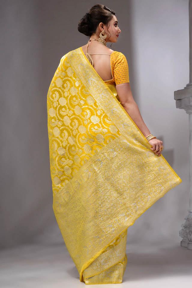 Embroidered Yellow Saree, Length: 6.3 m (With Blouse Piece) at Rs