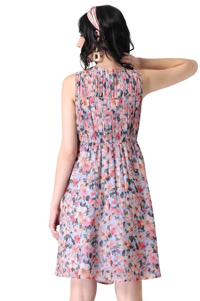 Buy FABALLEY Blue Floral Round Neck Georgette Womens Regular Dresses