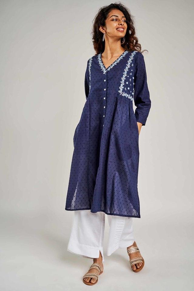 M. D. Garments Women's Cotton Printed Straight Kurta for Women & Girls  (Navy Blue L) : : Fashion