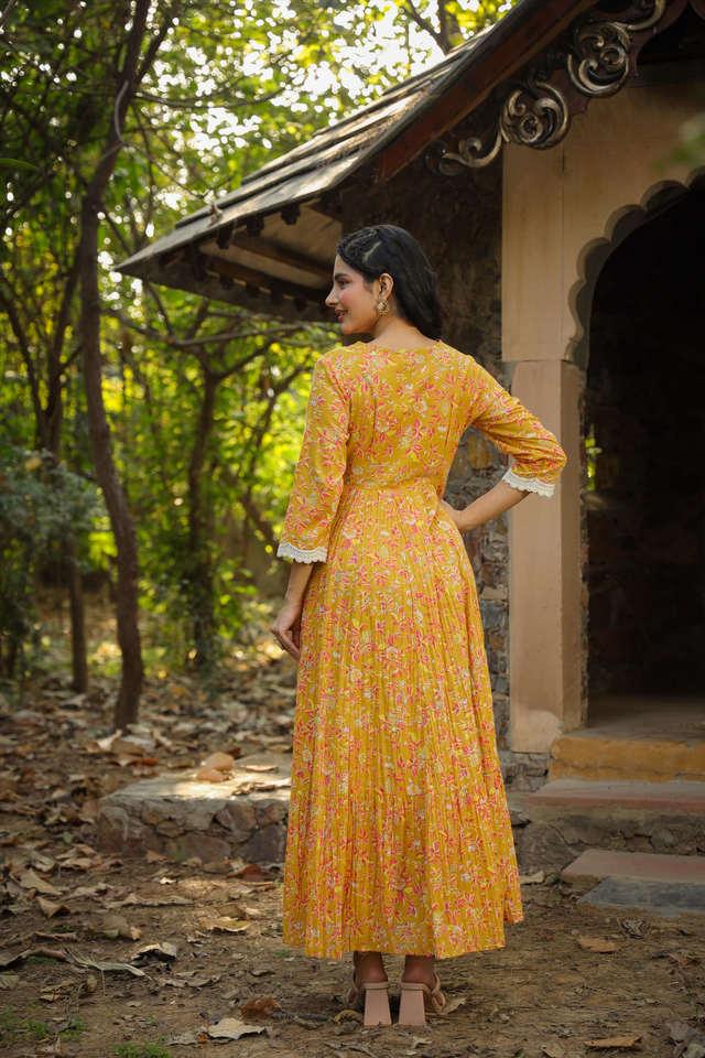 Yellow Embroidered Anarkali Silk Gown with Dupatta – Kavra Fashion®