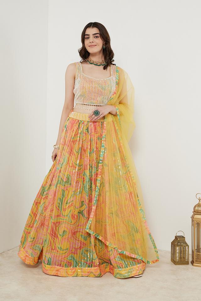 Buy NEERUS Yellow Embroidered Round Neck Georgette Women s Lehenga Choli Set Shoppers Stop