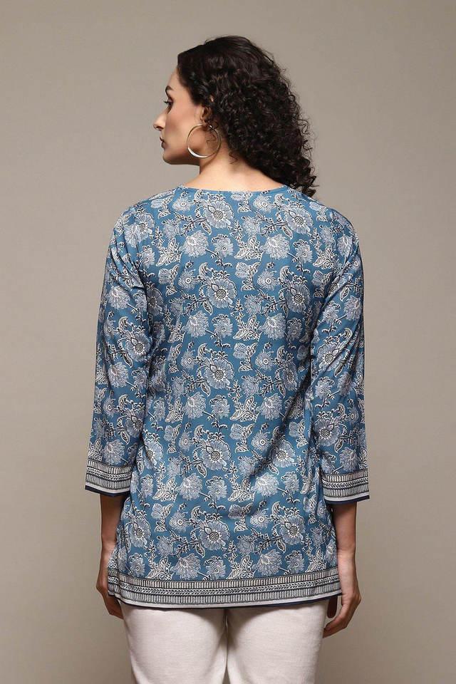 Buy BIBA Blue Denim Printed Polyester Round Neck Women's Kurti