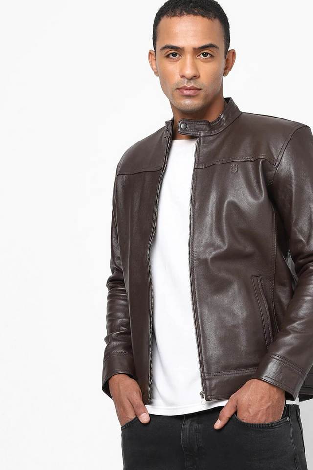 Buy TORTOISE Dark Brown Benvolio Solid Lightweight Genuine Leather Men s Biker Jacket Shoppers Stop