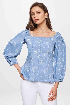 Buy AND Light Blue Floral Cotton Square Neck Womens A-Line Top