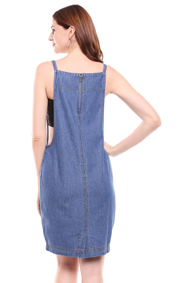 Spaghetti Strap Washed Denim Midi Dungaree Dress