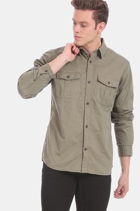 Mens Green Long Sleeve Twill Utility Casual Shirt