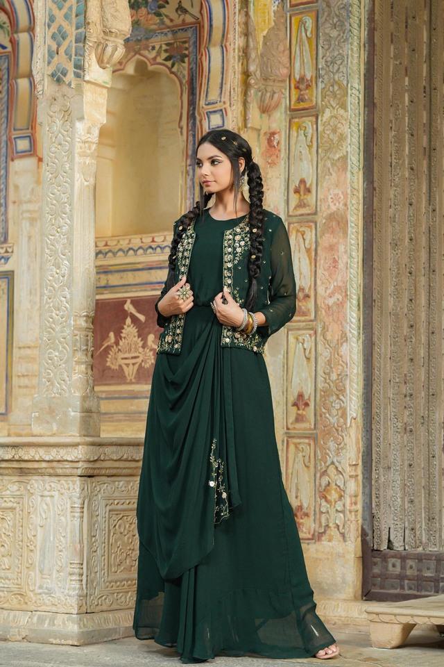 Buy Dark Green Georgette Mirror Embroidered Anarkali Suit Party Wear Online  at Best Price | Cbazaar