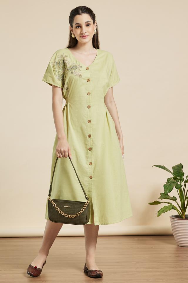 Buy Green Linen And Embroidery Leaf & Thread Notched Midi Dress For Women  by Kaveri Online at Aza Fashions.