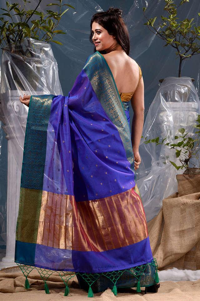 Buy BANARASI PATOLA Blue Blue Shade Cotton Silk Banarasi Saree With  Beautiful Antique Zari Buti Work And Contrast Striped Pallu With Blouse  Piece