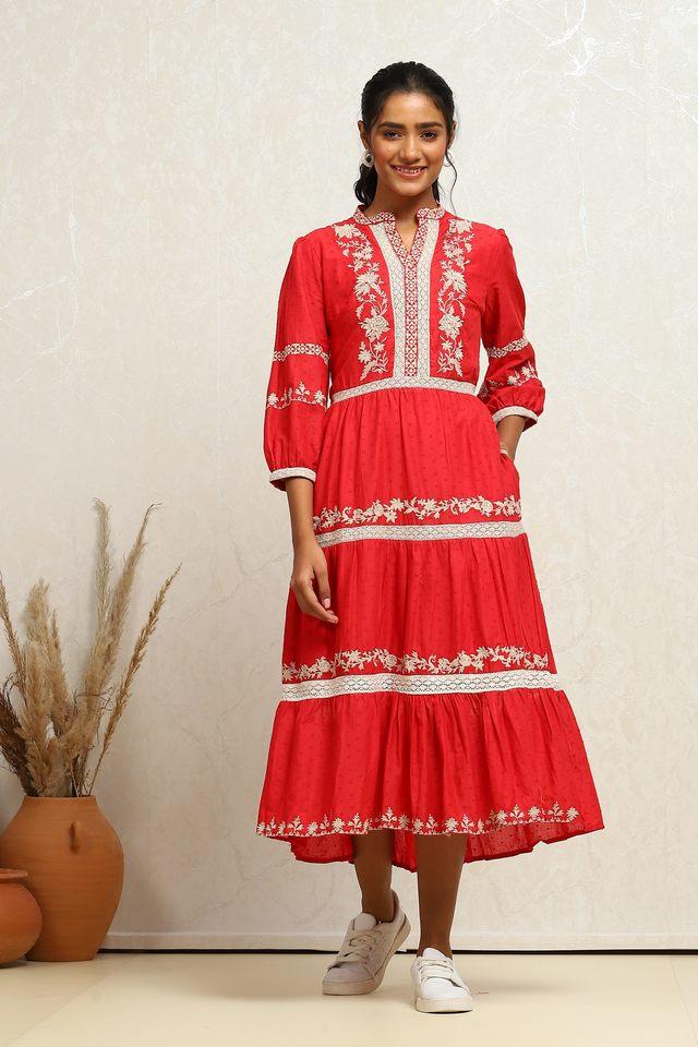 Buy BIBA Cherry Solid Cotton Regular Fit Women s Ethnic Dress Shoppers Stop