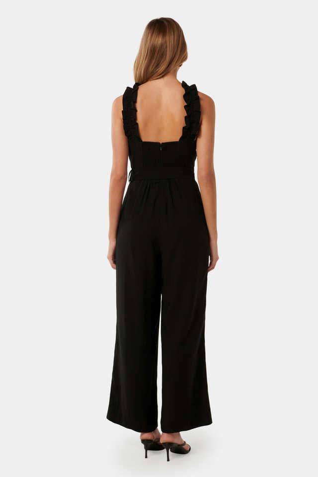 Buy FOREVER NEW Black Solid Sleeveless Blended Fabric Women s Jumpsuit Shoppers Stop