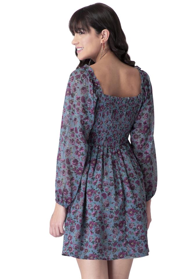 Buy FABALLEY Blue Floral Sweetheart Neck Georgette Womens Regular Dresses |  Shoppers Stop