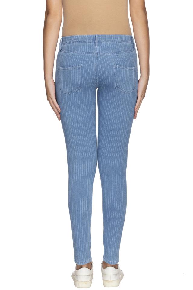 Buy Go Colors Women Dark Blue Striped Denim Jeggings online