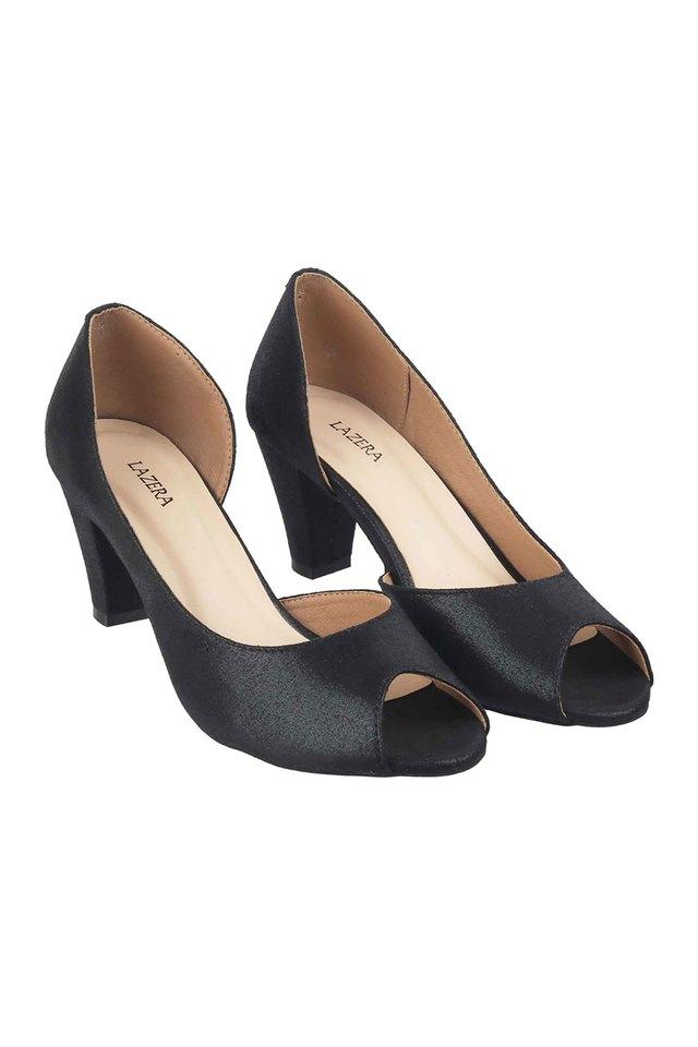 Women's Black Suede Solid Buckle Block Heels