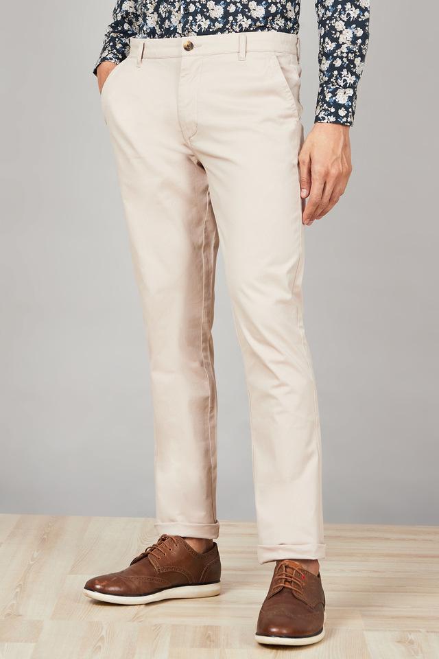 Buy STOP Khaki Solid Cotton Blend Regular Fit Men's Casual Trousers |  Shoppers Stop