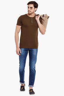 Buy THE VANCA Olive Mens Slim Fit Henley Neck Solid T-shirt with Short ...