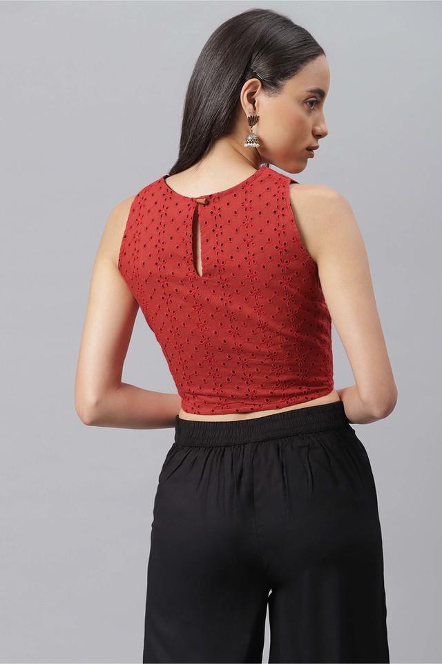 Buy Red Schiffli Crop Top Online - Label Ritu Kumar India Store View