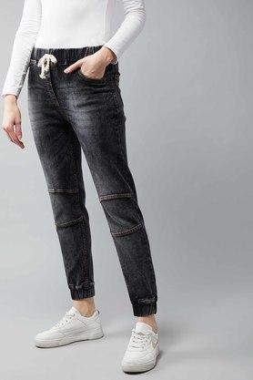 Women's Black Cotton Solid Joggers Jeans - Dolce Crudo