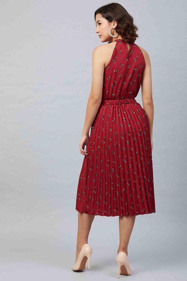 Buy RARE Maroon Printed Halter Neck Polyester Women's Fit And Flare Dress