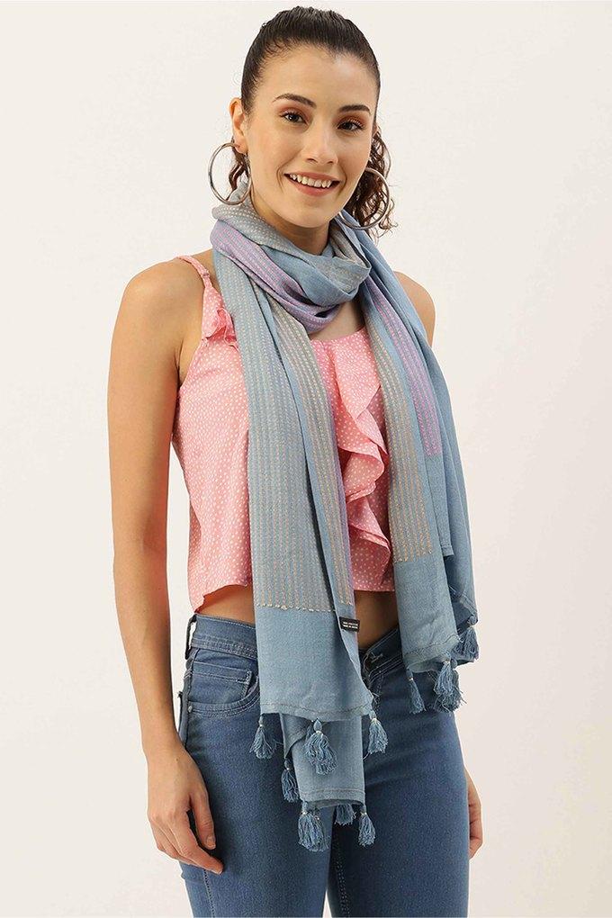 Buy AYESHA Sky Blue Double Colour Striped Scarf With Tassels