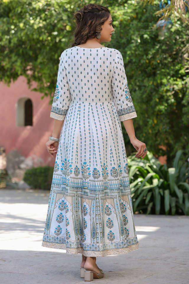 Buy JUNIPER Off White Juniper Blue Shantoon Printed Anarkali Maxi Dress