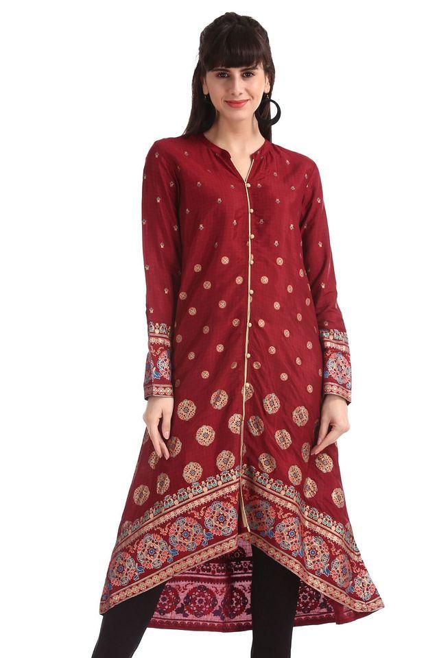 Buy ANAHI Red Printed Viscose Mandarin Women s Kurta Shoppers Stop