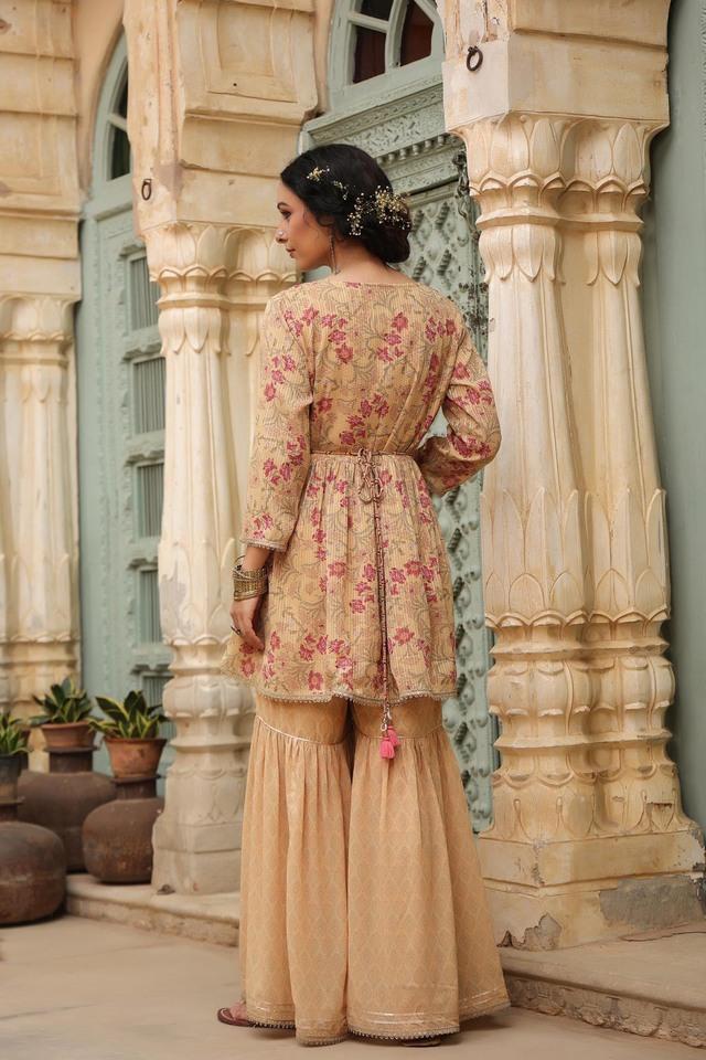 Buy Mustard Embroidered Silk Blend Straight Sharara Suit Set With Dupatta  Online at Rs.3119