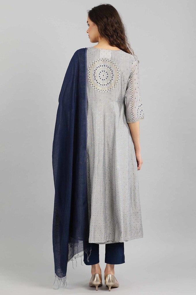 Buy AURELIA Grey Printed Round Neck Xl Chanderi Womens Kurta Set