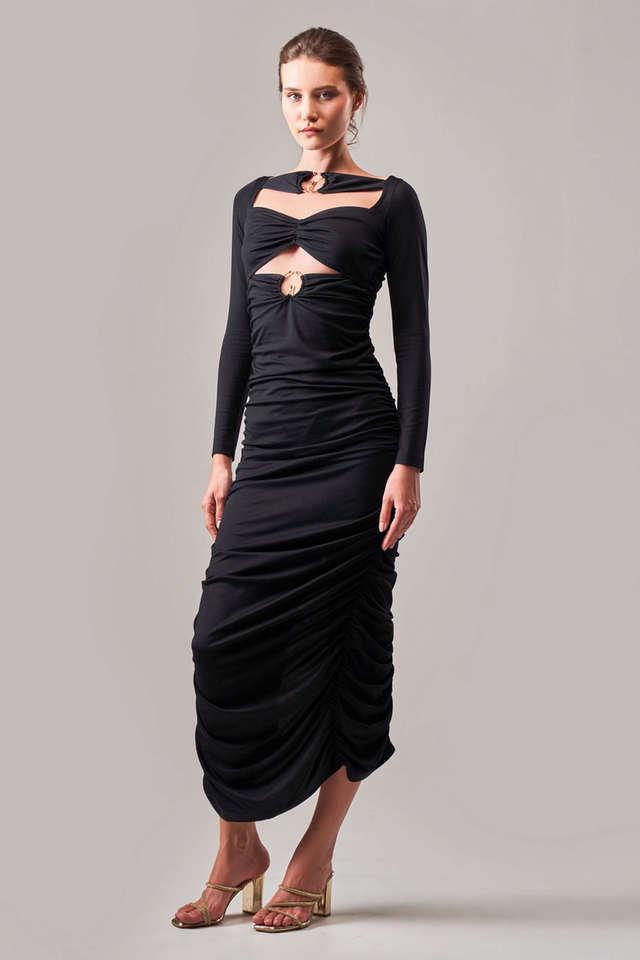 Buy SOTBELLA Black Solid Polyester V Neck Women s Maxi Dress Shoppers Stop