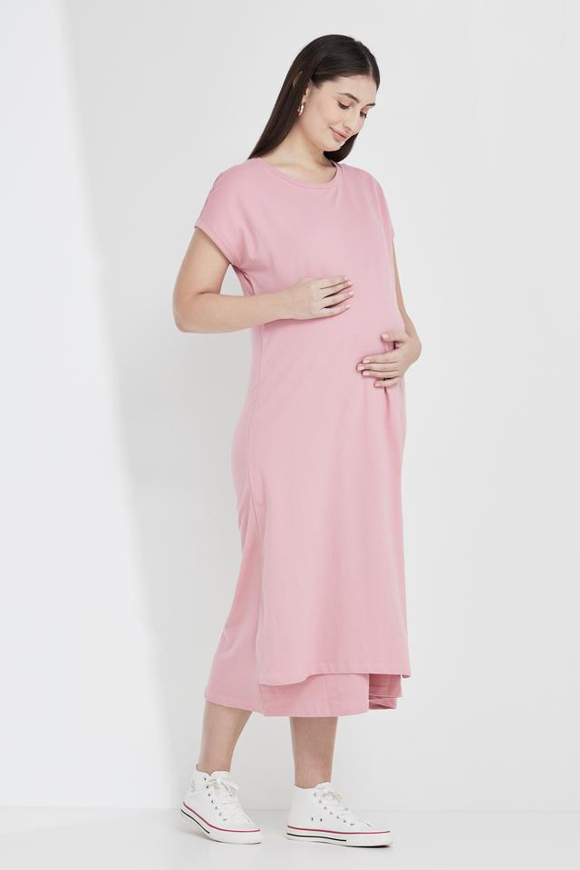 Solid Round Neck Cotton Blend Women's Maternity Wear Dress