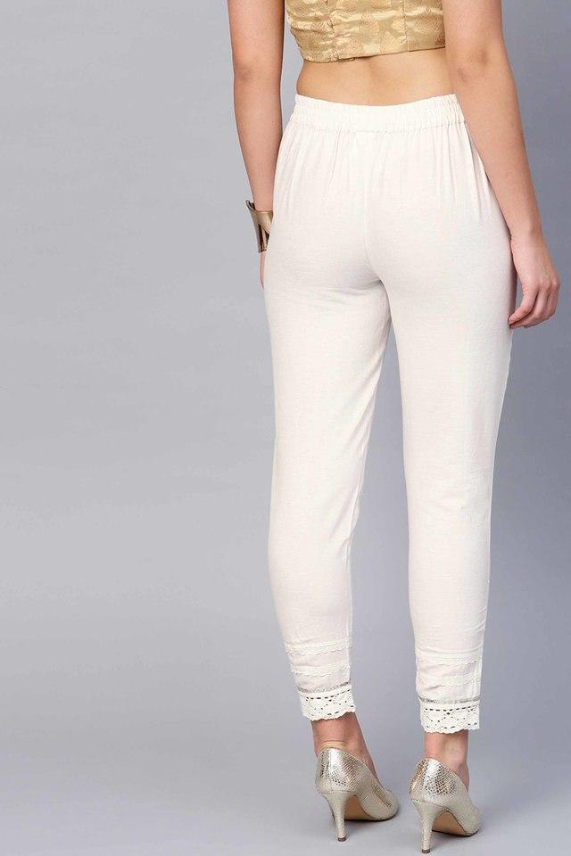 De Moza Womens Cigarette Pant Woven Bottom Solid Polyester Offwhite S