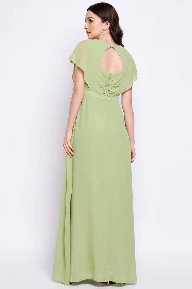 Buy MADAME Green Solid Crepe V Neck Women's Maxi Dress