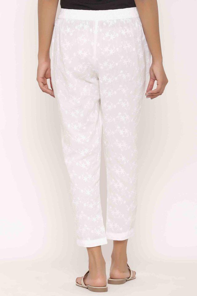 Buy White & Golden Gota Lucknowi Chikankari Stretchable Cotton Pant Online  at Kiko Clothing