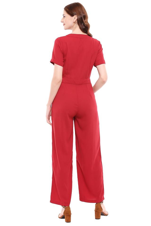 Buy FOREVER NEW Burgundy Solid Full Sleeves Polyester Women Jumpsuits