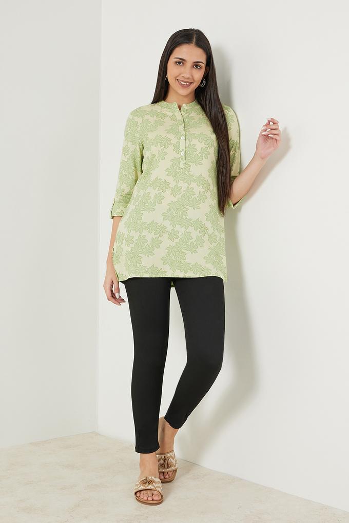 Buy HAUTE CURRY Green Printed Rayon Mandarin Women's Tunic