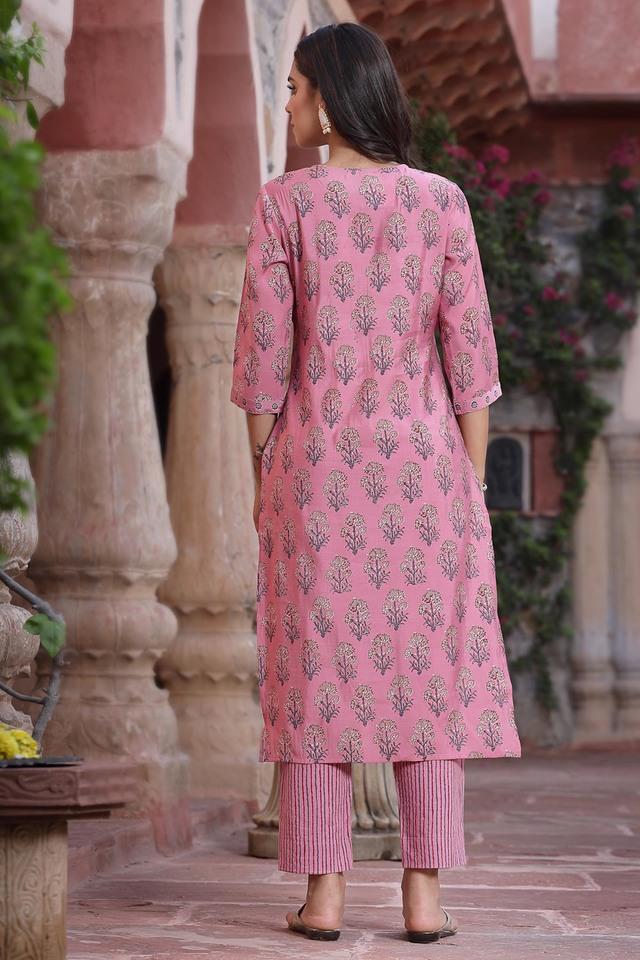 Buy JUNIPER Pink Embroidered Cotton Round Neck Women's Salwar Suit