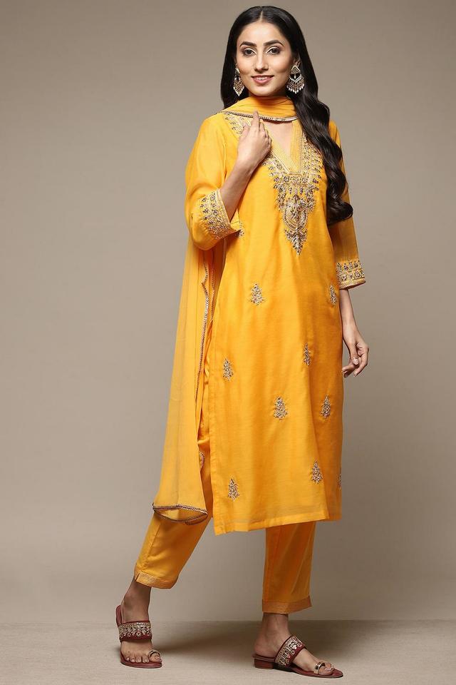 Buy BIBA Yellow Embroidered Polyester Round Neck Women s Salwar Kurta Dupatta Set Shoppers Stop